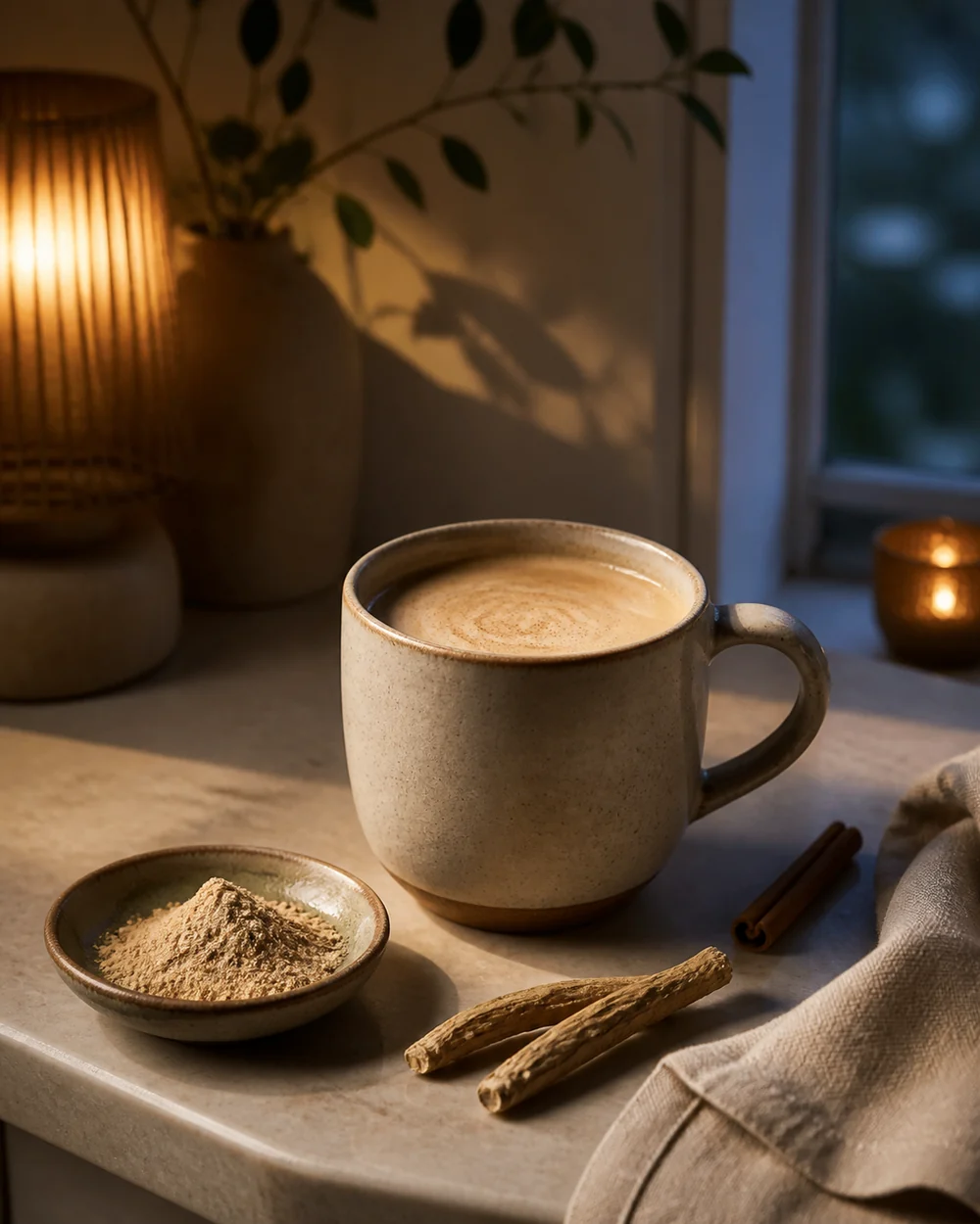 Warm evening drink with ashwagandha powder and dried roots