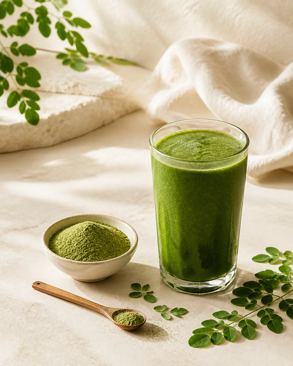 Green moringa smoothie with moringa powder and fresh leaves